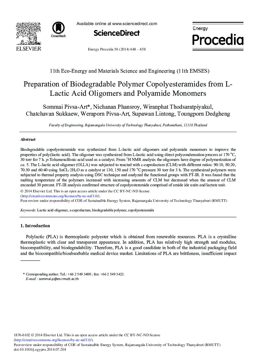 Preparation of Biodegradable Polymer Copolyesteramides from L-Lactic Acid Oligomers and Polyamide Monomers 