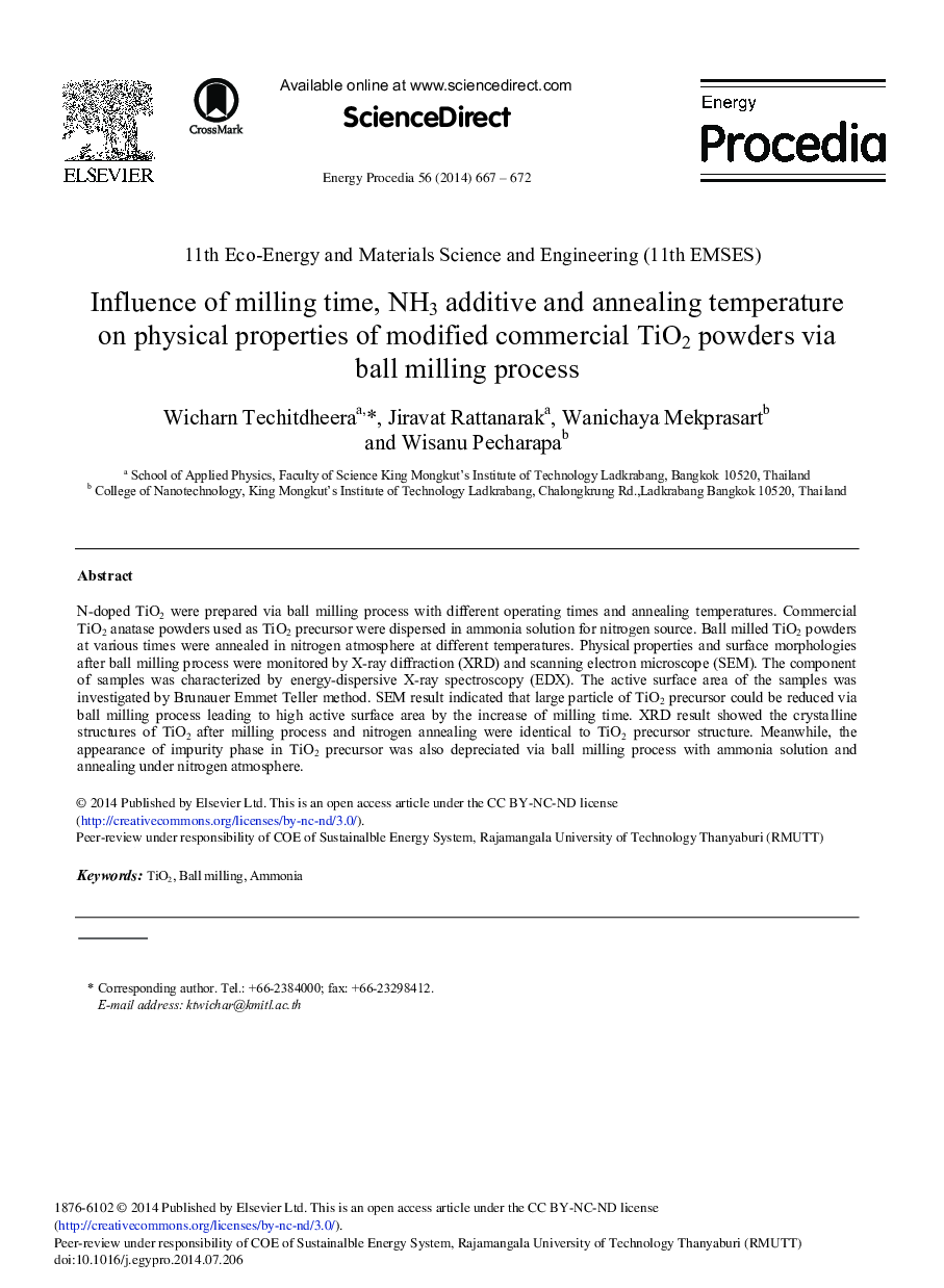Influence of Milling Time, NH3 Additive and Annealing Temperature on Physical Properties of Modified Commercial TiO2 Powders via Ball Milling Process 