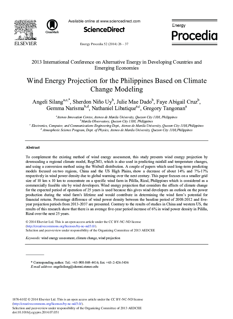 Wind Energy Projection for the Philippines based on Climate Change Modeling 