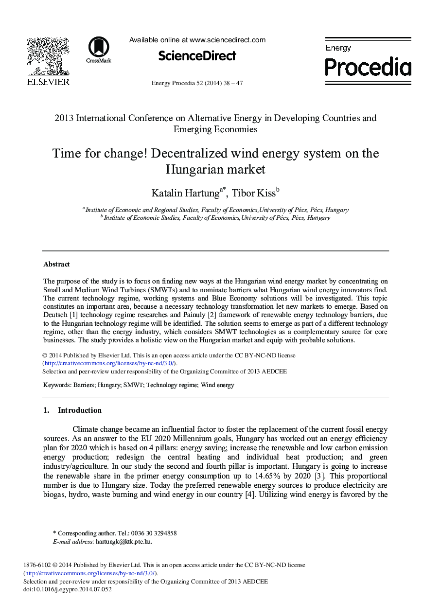 Time for Change! Decentralized Wind Energy System on the Hungarian Market 