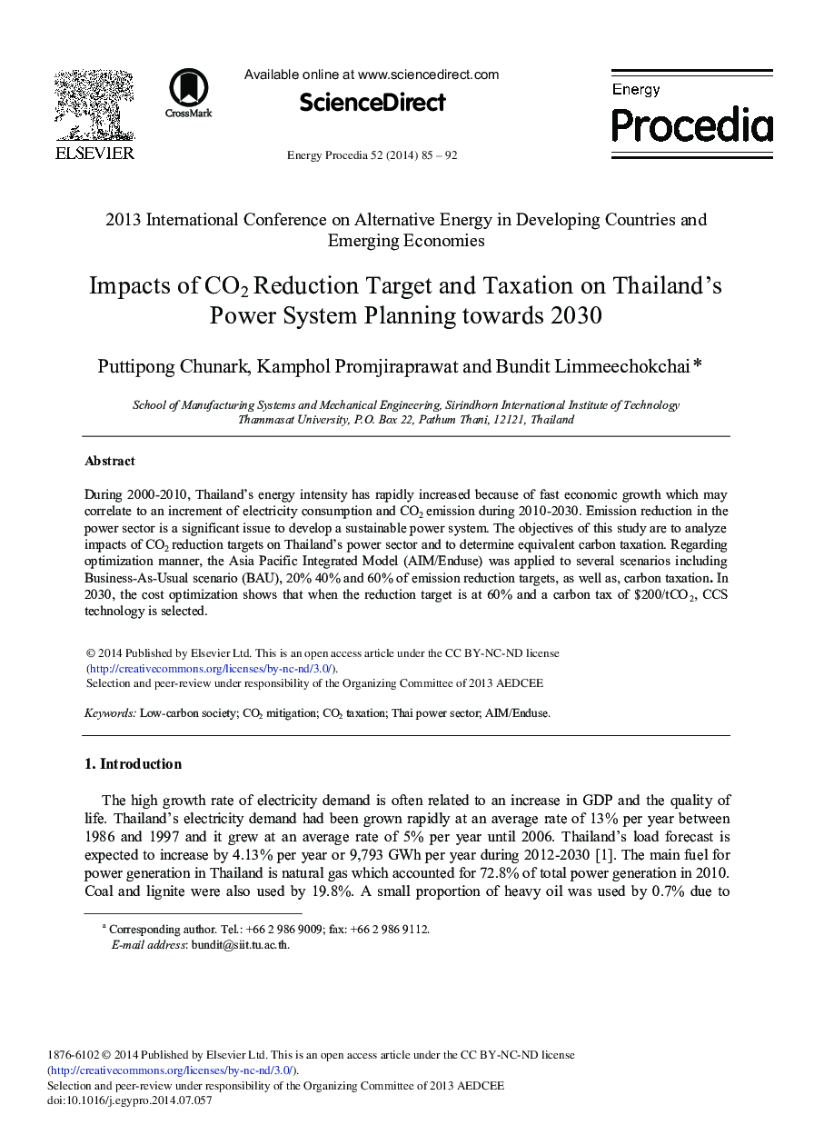 Impacts of CO2 Reduction Target and Taxation on Thailand's Power System Planning towards 2030 