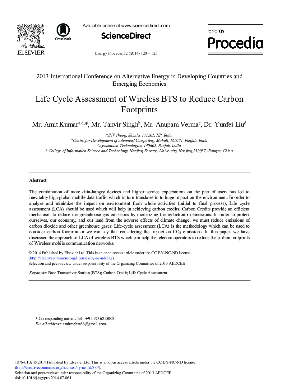 Life Cycle Assessment of Wireless BTS to Reduce Carbon Footprints 