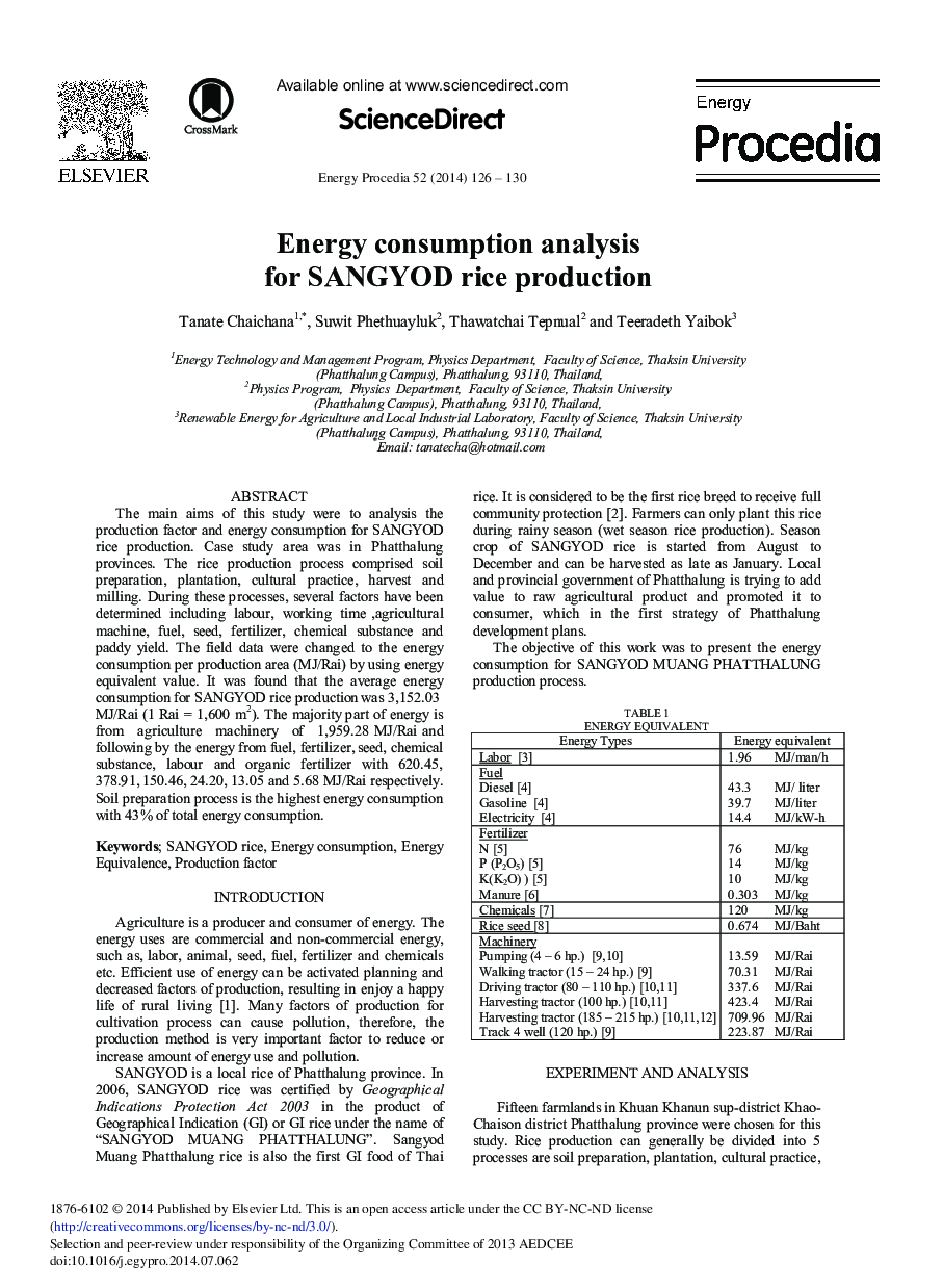 Energy Consumption Analysis for SANGYOD Rice Production 