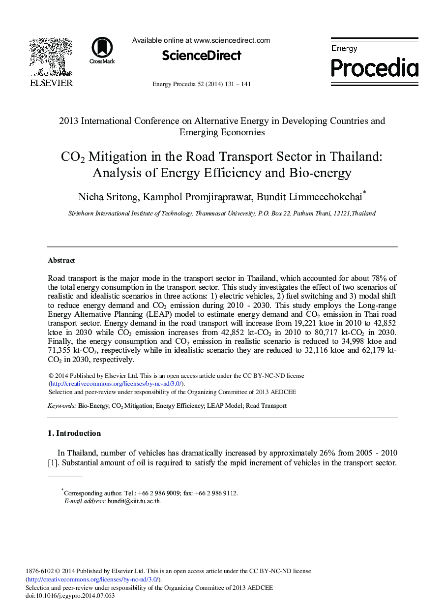 CO2 Mitigation in the Road Transport Sector in Thailand: Analysis of Energy Efficiency and Bio-energy 