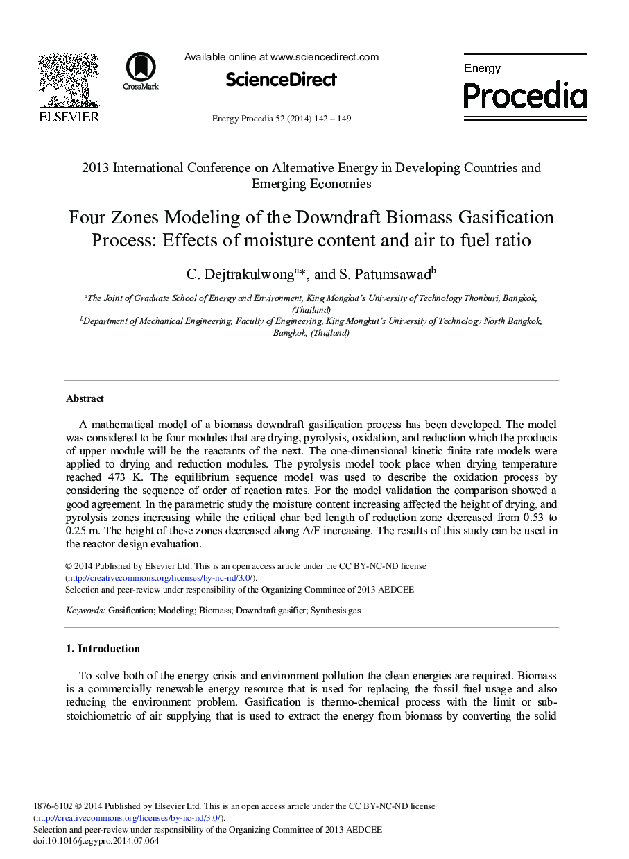 Four Zones Modeling of the Downdraft Biomass Gasification Process: Effects of Moisture Content and Air to Fuel Ratio 