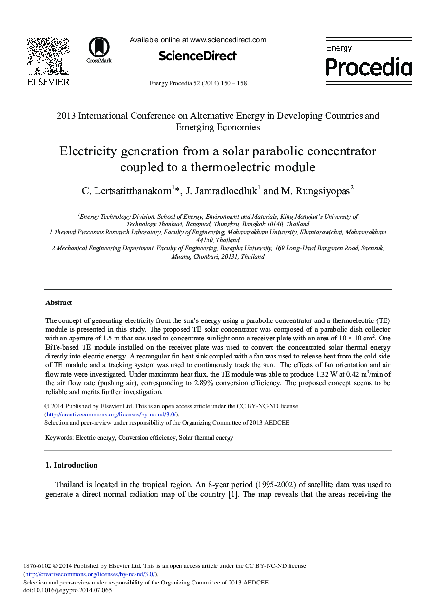 Electricity Generation from a Solar Parabolic Concentrator Coupled to a Thermoelectric Module 