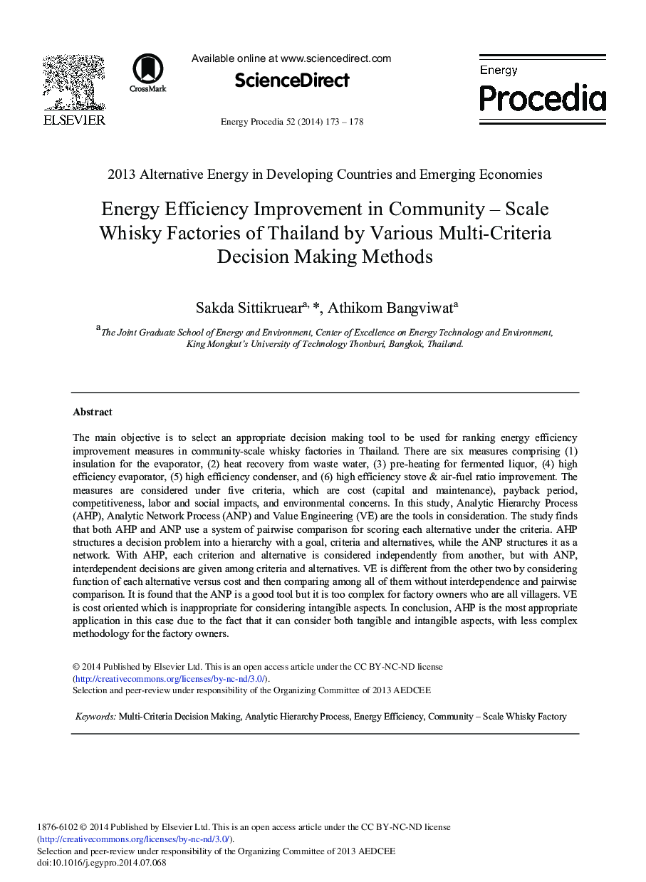 Energy Efficiency Improvement in Community – Scale Whisky Factories of Thailand by Various Multi-criteria Decision Making Methods 