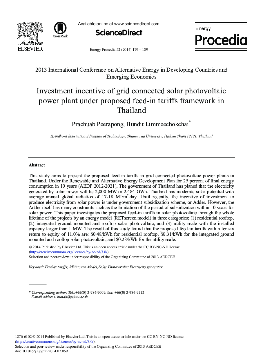 Investment Incentive of Grid Connected Solar Photovoltaic Power Plant under Proposed Feed-in Tariffs Framework in Thailand 