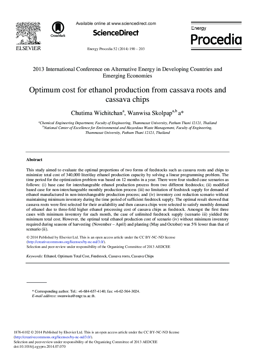 Optimum Cost for Ethanol Production from Cassava Roots and Cassava Chips 