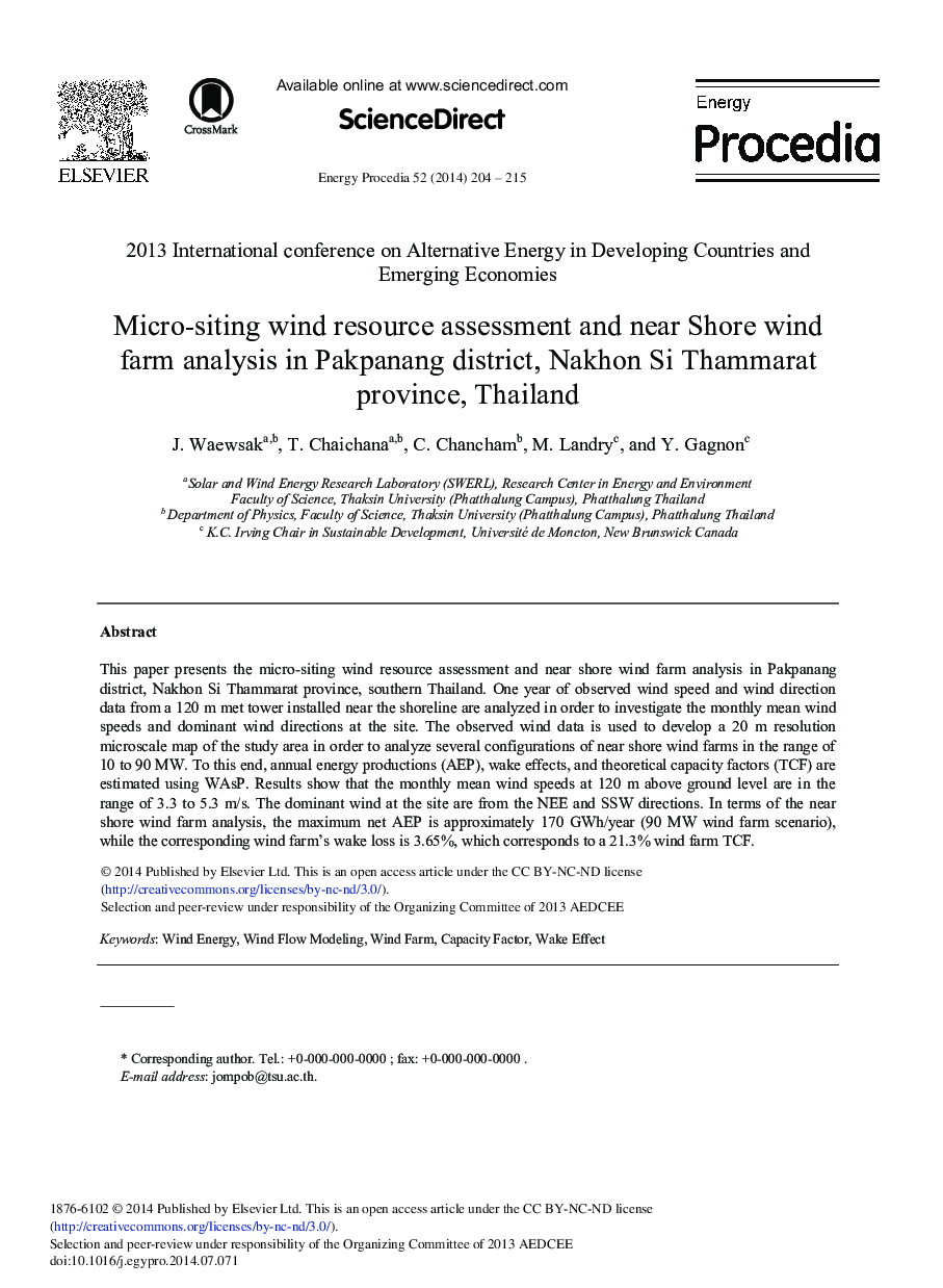 Micro-siting Wind Resource Assessment and Near Shore Wind Farm Analysis in Pakpanang District, Nakhon Si Thammarat Province, Thailand 