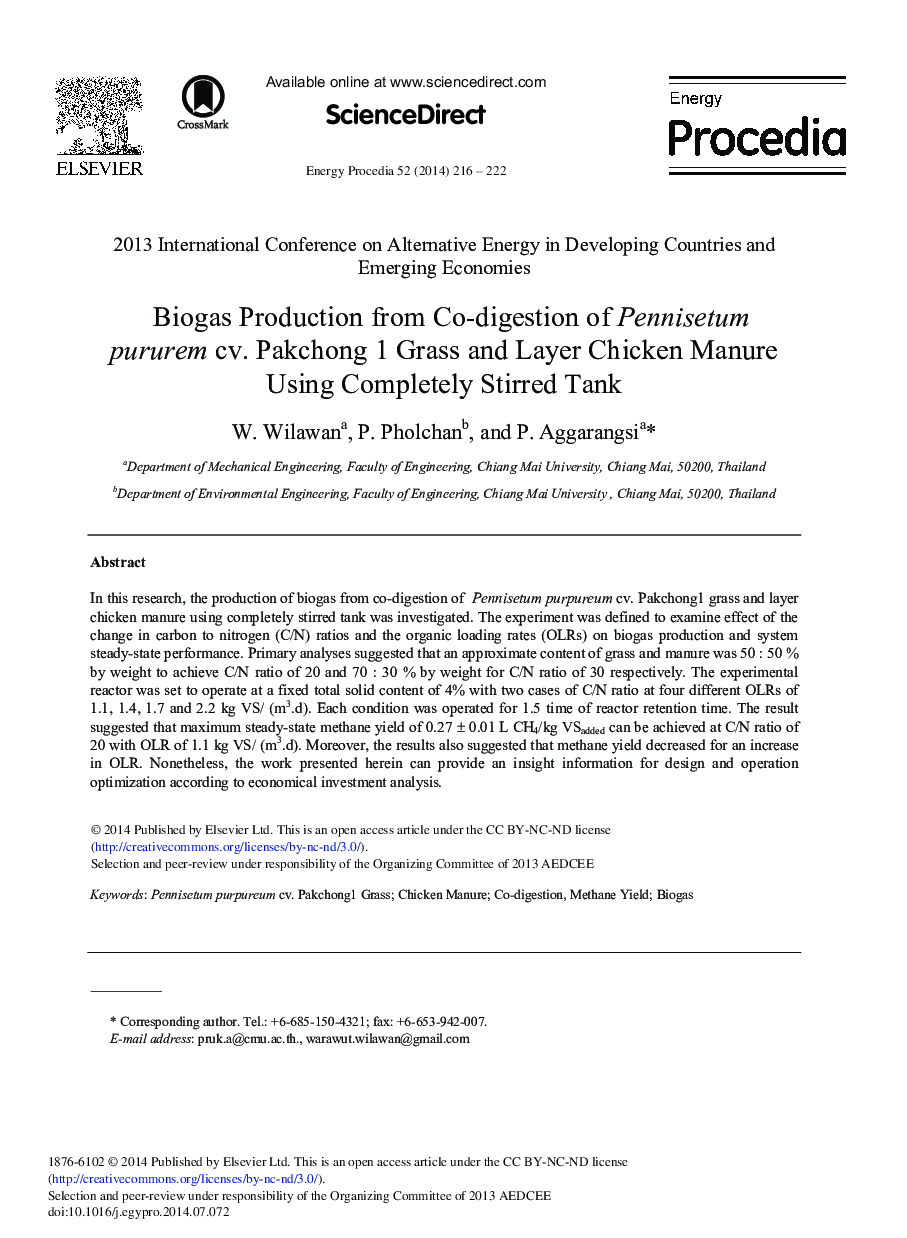 Biogas Production from Co-digestion of Pennisetum Pururem cv. Pakchong 1 Grass and Layer Chicken Manure Using Completely Stirred Tank 