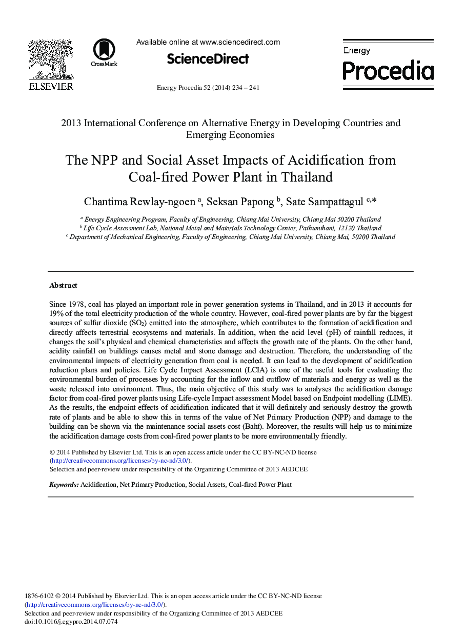 The NPP and Social Asset Impacts of Acidification from Coal-fired Power Plant in Thailand 