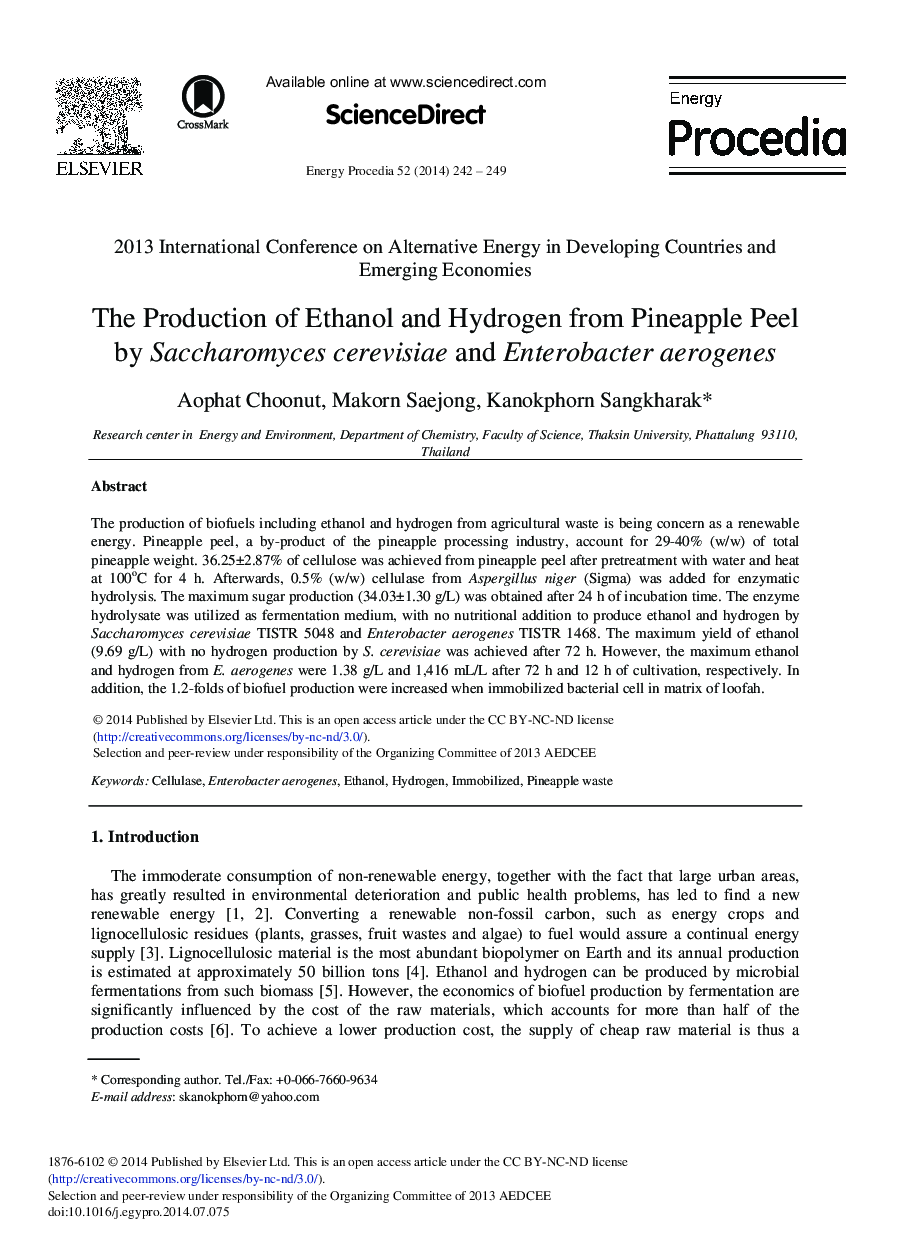 The Production of Ethanol and Hydrogen from Pineapple Peel by Saccharomyces Cerevisiae and Enterobacter Aerogenes 