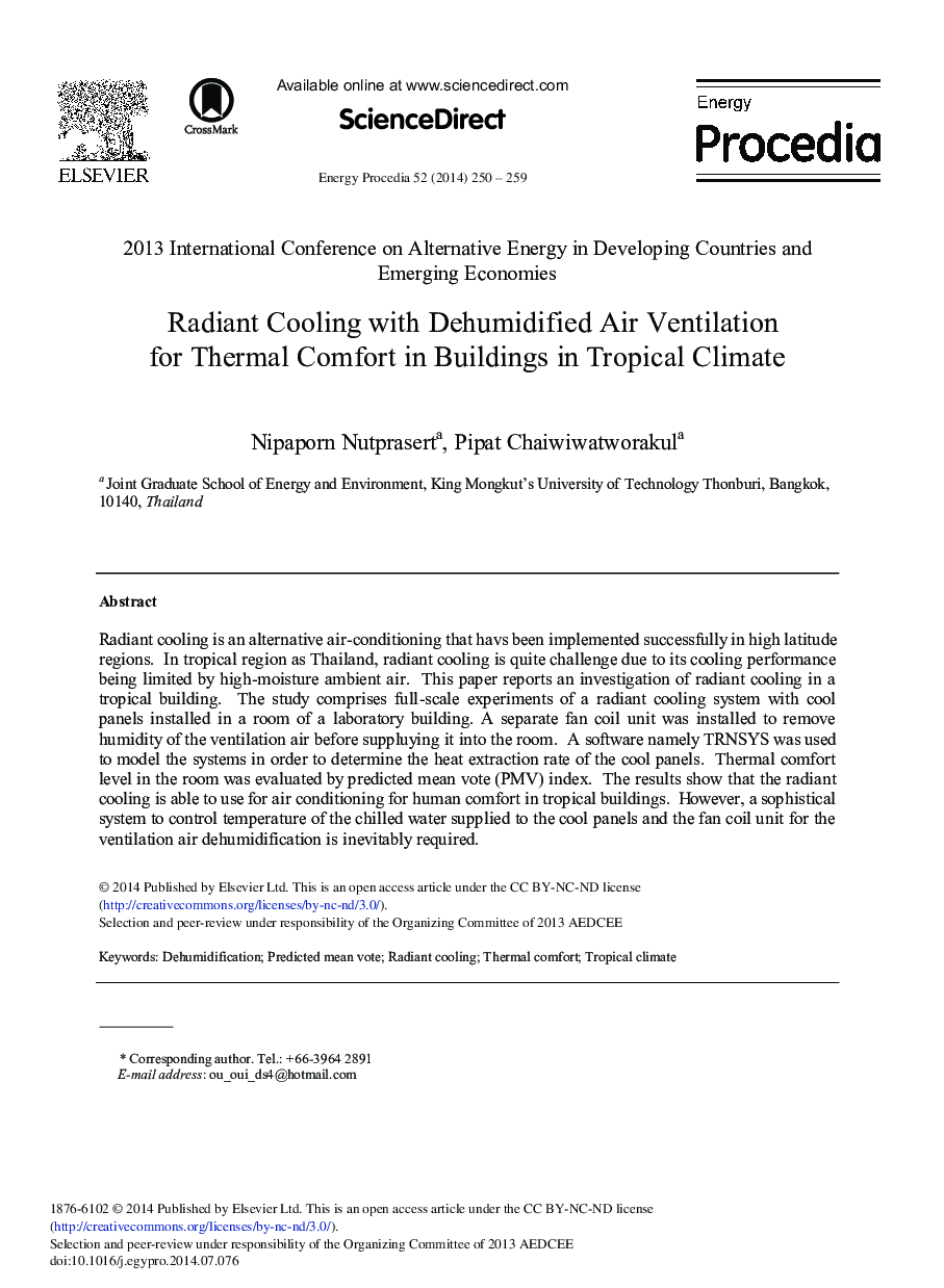 Radiant Cooling with Dehumidified Air Ventilation for Thermal Comfort in Buildings in Tropical Climate 