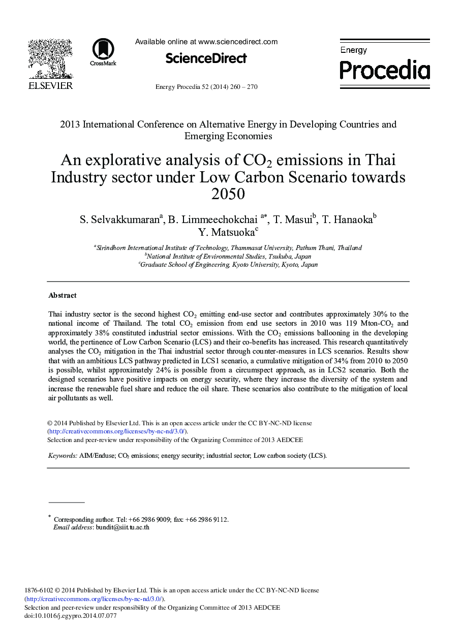 An Explorative Analysis of CO2 Emissions in Thai Industry Sector under Low Carbon Scenario towards 2050 