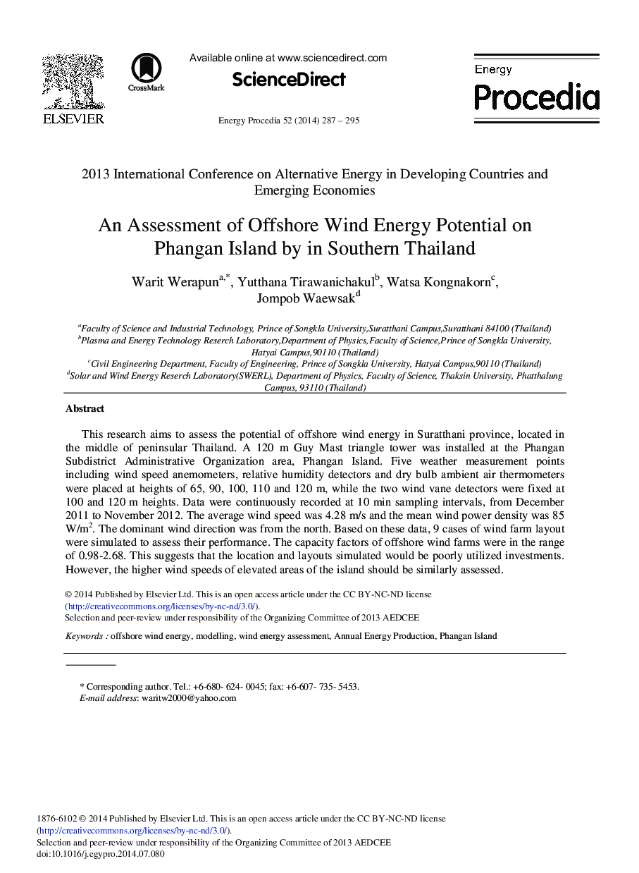 An Assessment of Offshore Wind Energy Potential on Phangan Island by in Southern Thailand 