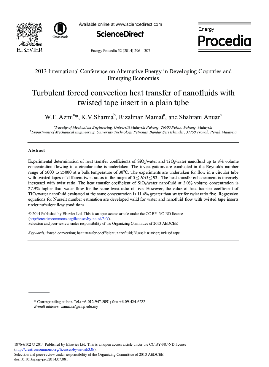 Turbulent Forced Convection Heat Transfer of Nanofluids with Twisted Tape Insert in a Plain Tube 