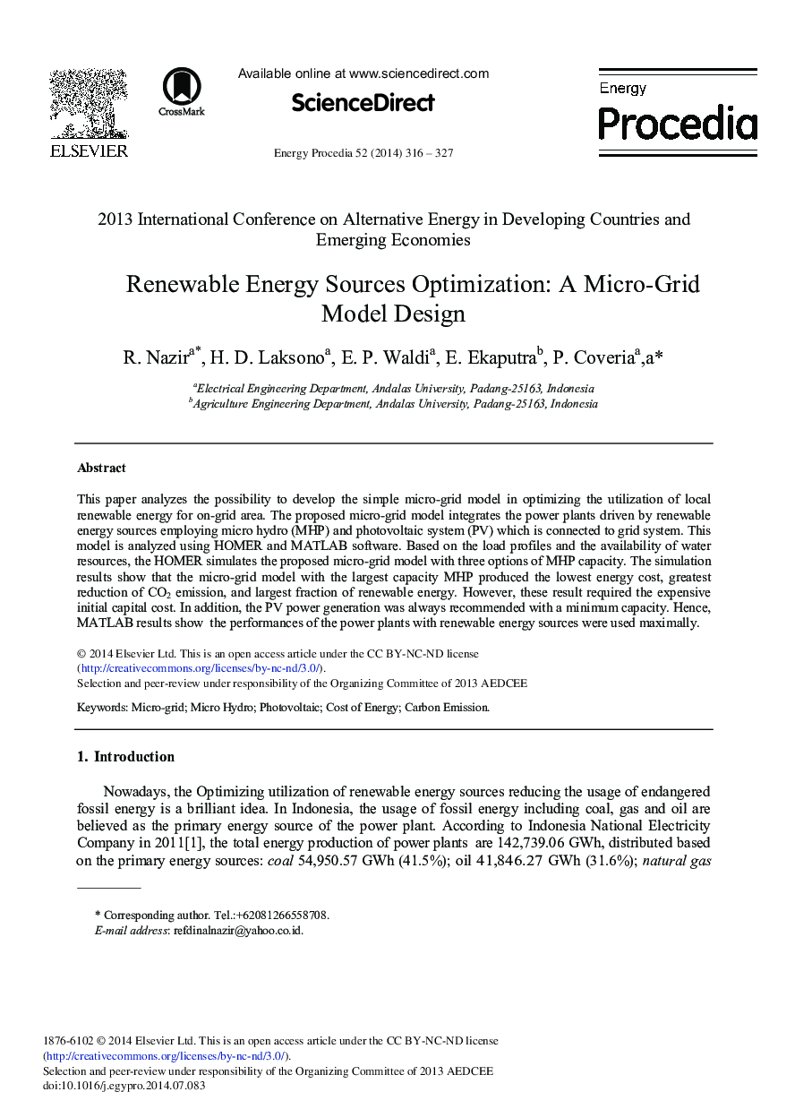Renewable Energy Sources Optimization: A Micro-Grid Model Design 