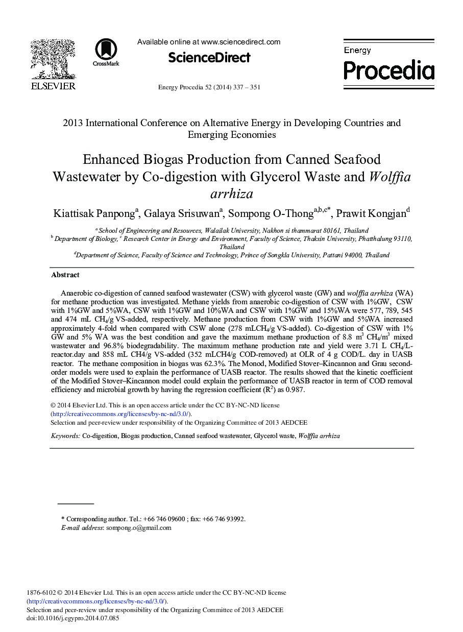 Enhanced Biogas Production from Canned Seafood Wastewater by Co-digestion with Glycerol Waste and Wolffia Arrhiza 