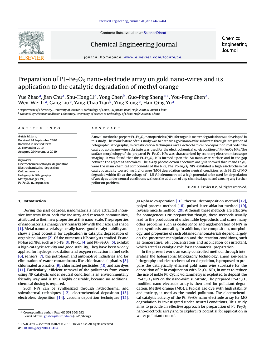 Preparation of Pt–Fe2O3 nano-electrode array on gold nano-wires and its application to the catalytic degradation of methyl orange