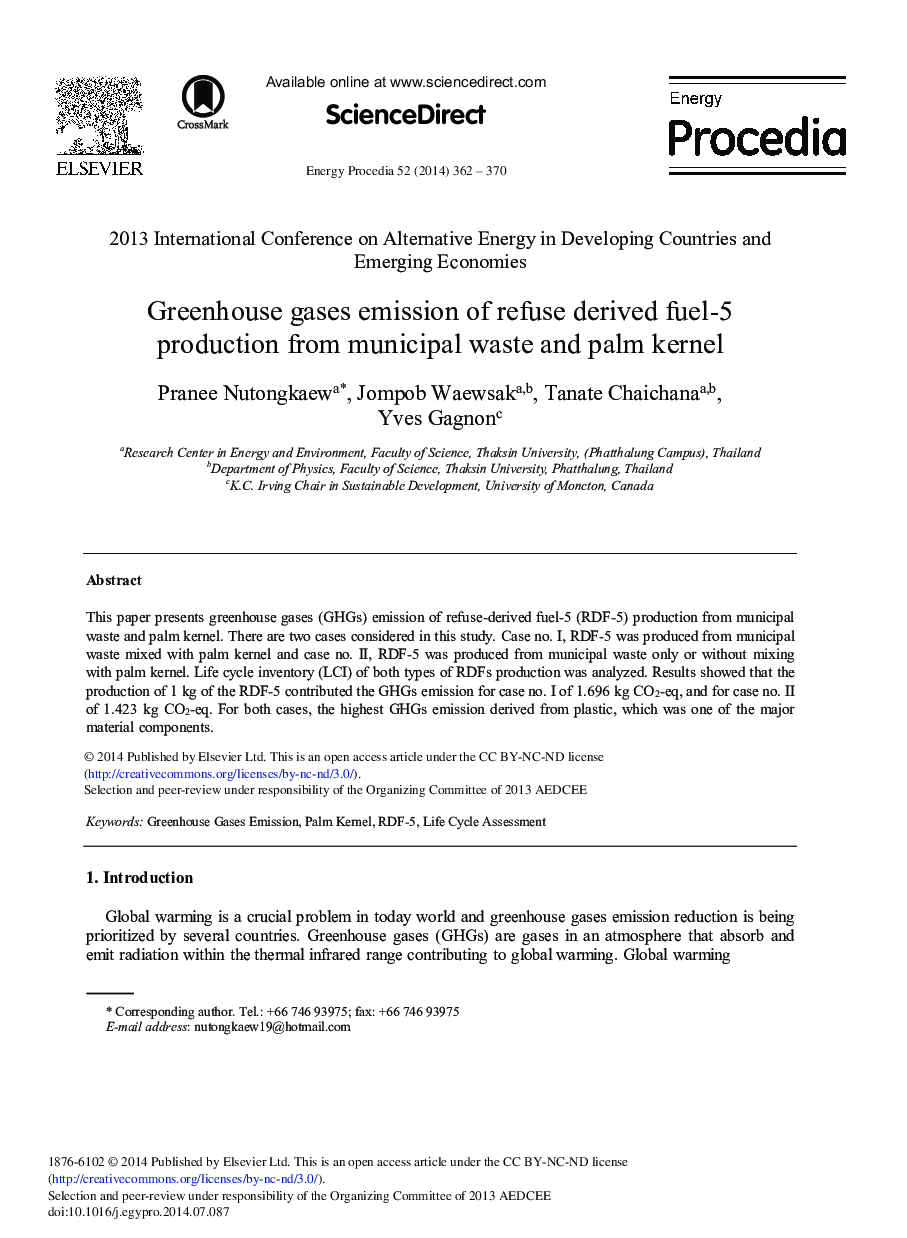 Greenhouse Gases Emission of Refuse Derived Fuel-5 Production from Municipal Waste and Palm Kernel 