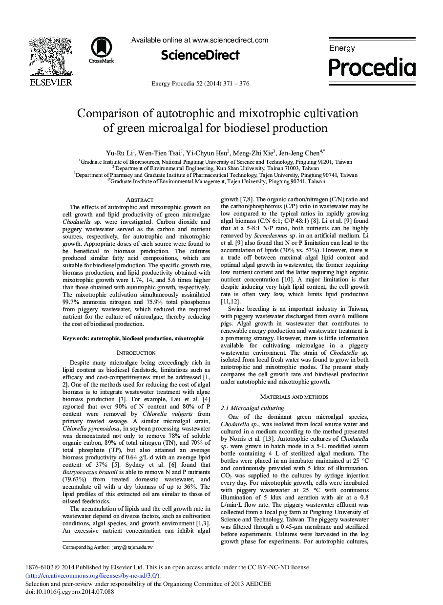 Comparison of Autotrophic and Mixotrophic Cultivation of Green Microalgal for Biodiesel Production 