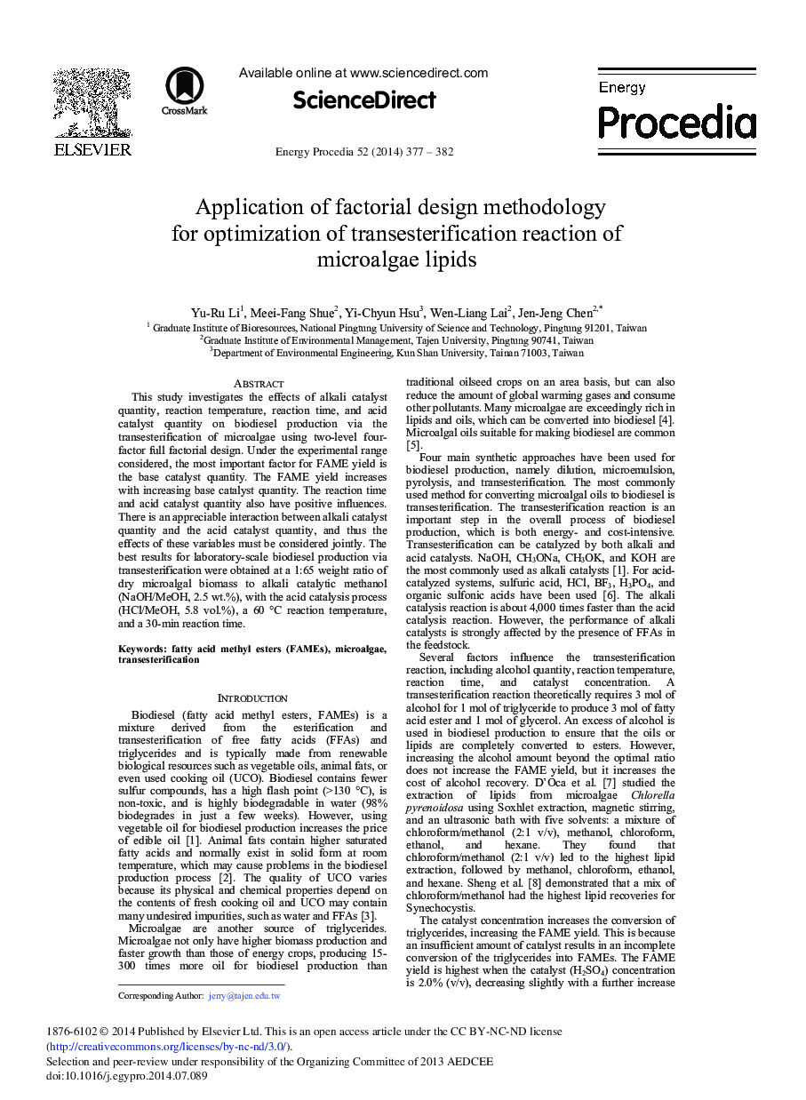 Application of Factorial Design Methodology for Optimization of Transesterification Reaction of Microalgae Lipids 
