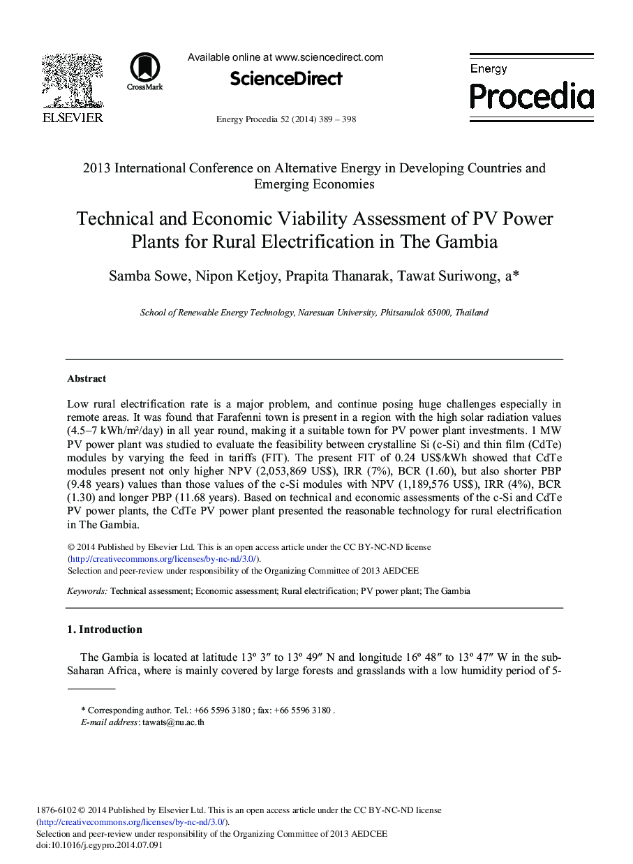 Technical and Economic Viability Assessment of PV Power Plants for Rural Electrification in the Gambia 