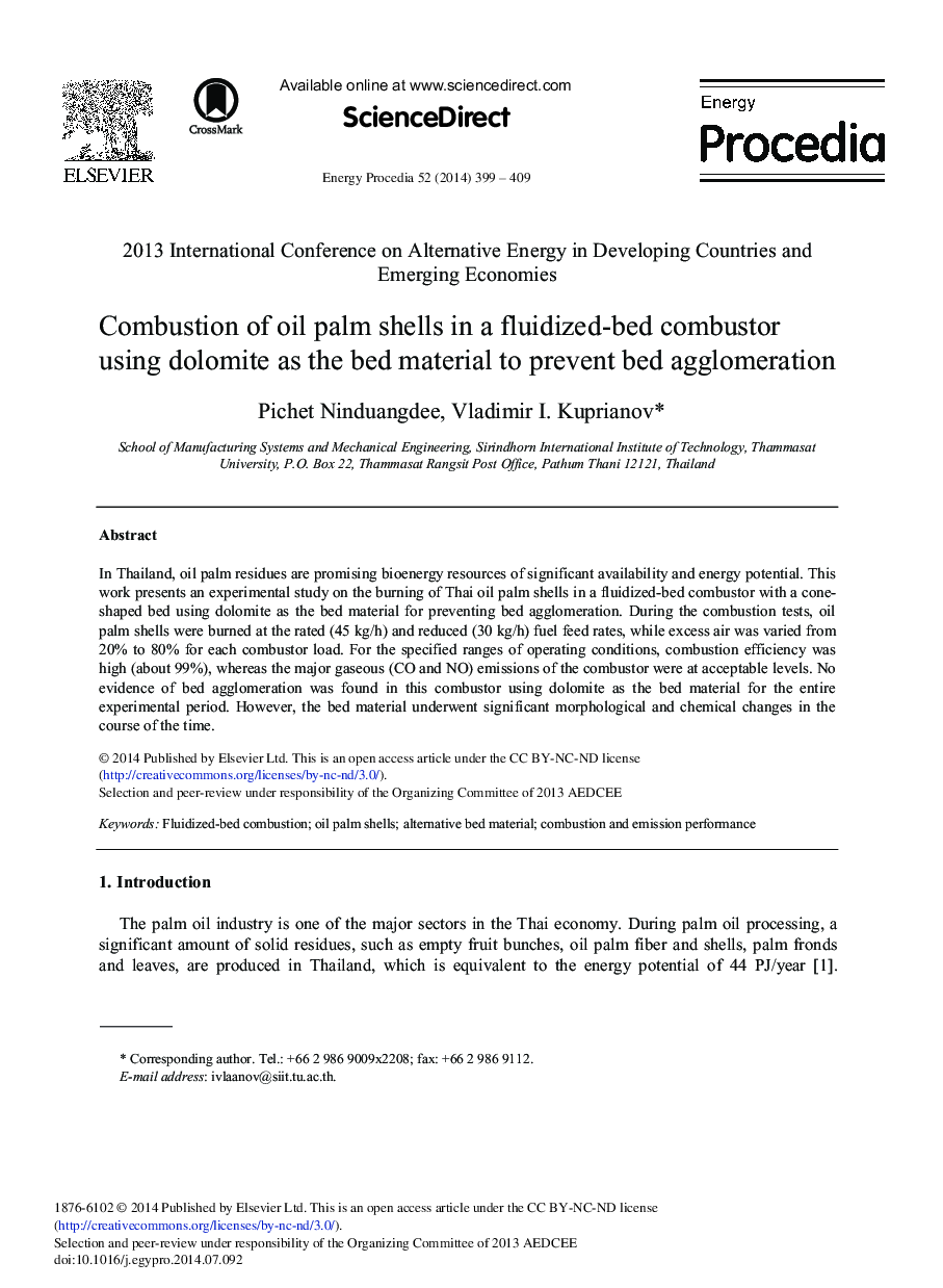 Combustion of Oil Palm Shells in a Fluidized-bed Combustor Using Dolomite as the Bed Material to Prevent Bed Agglomeration 
