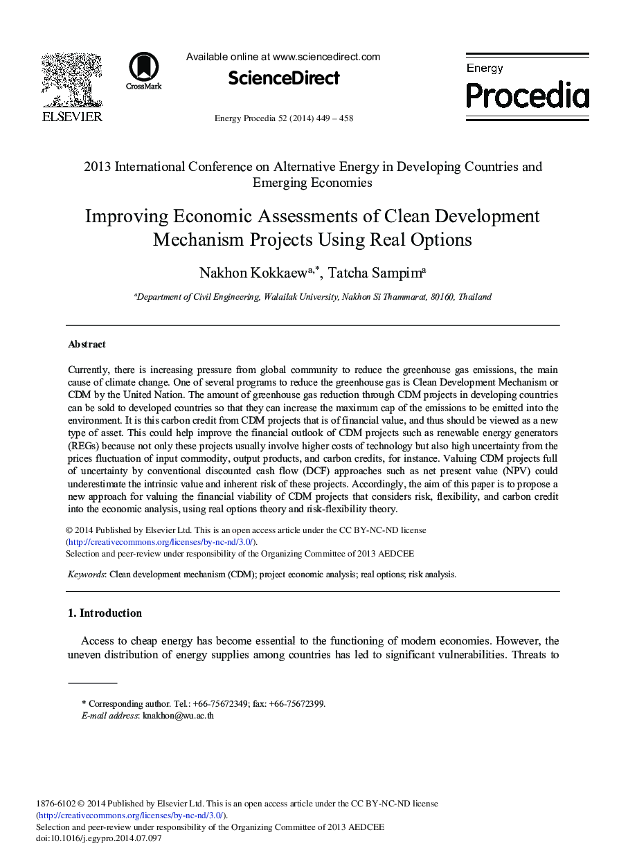 Improving Economic Assessments of Clean Development Mechanism Projects Using Real Options 