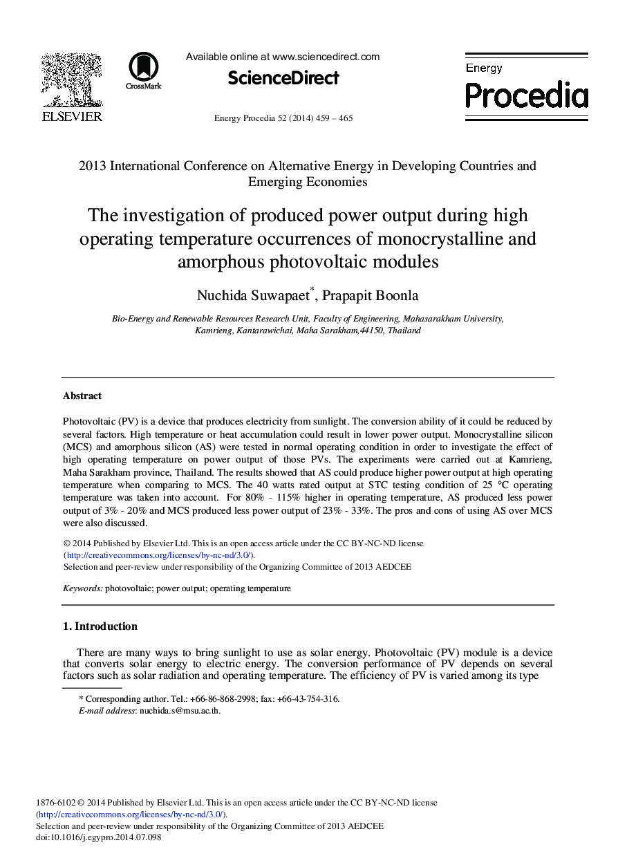 The Investigation of Produced Power Output During High Operating Temperature Occurrences of Monocrystalline and Amorphous Photovoltaic Modules 