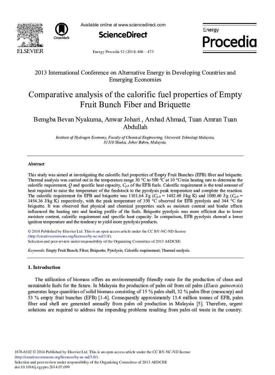 Comparative Analysis of the Calorific Fuel Properties of Empty Fruit Bunch Fiber and Briquette 