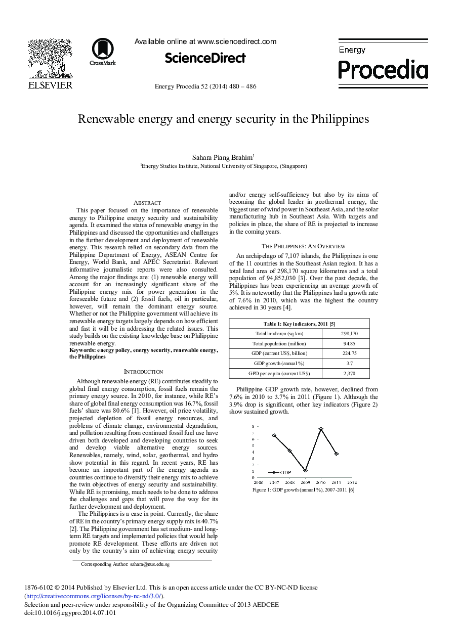 Renewable Energy and Energy Security in the Philippines 