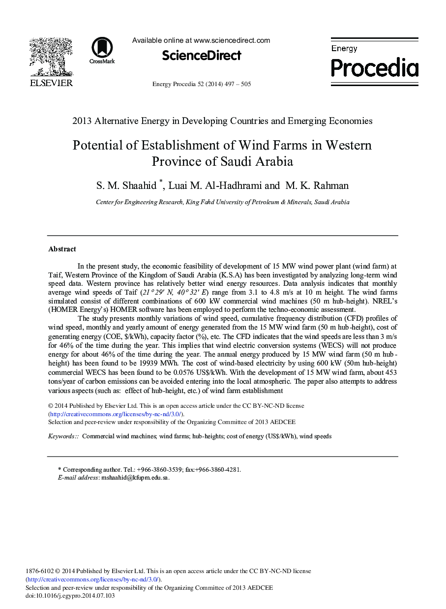 Potential of Establishment of Wind Farms in Western Province of Saudi Arabia 