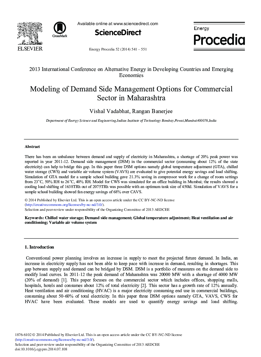 Modeling of Demand Side Management Options for Commercial Sector in Maharashtra 