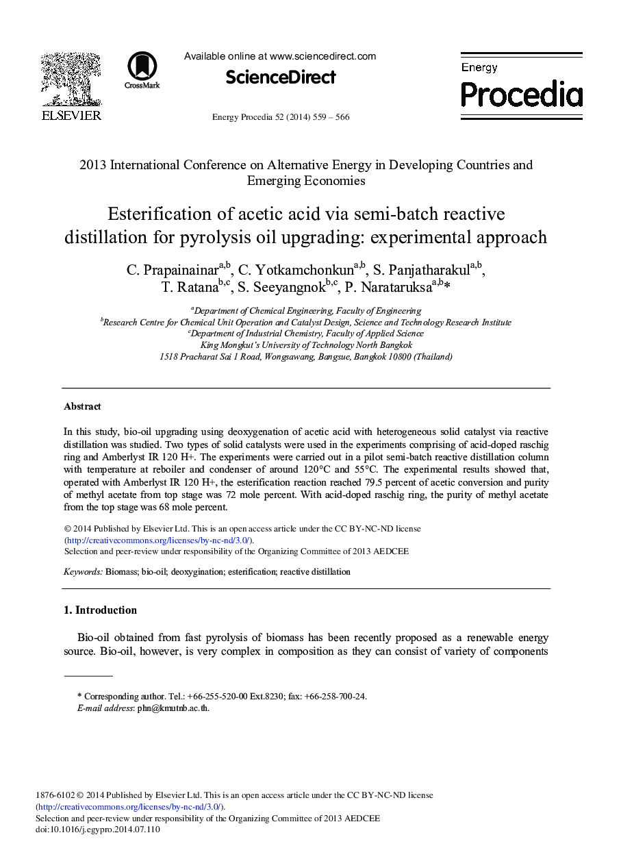 Esterification of Acetic Acid Via Semi-batch Reactive Distillation for Pyrolysis Oil Upgrading: Experimental Approach 