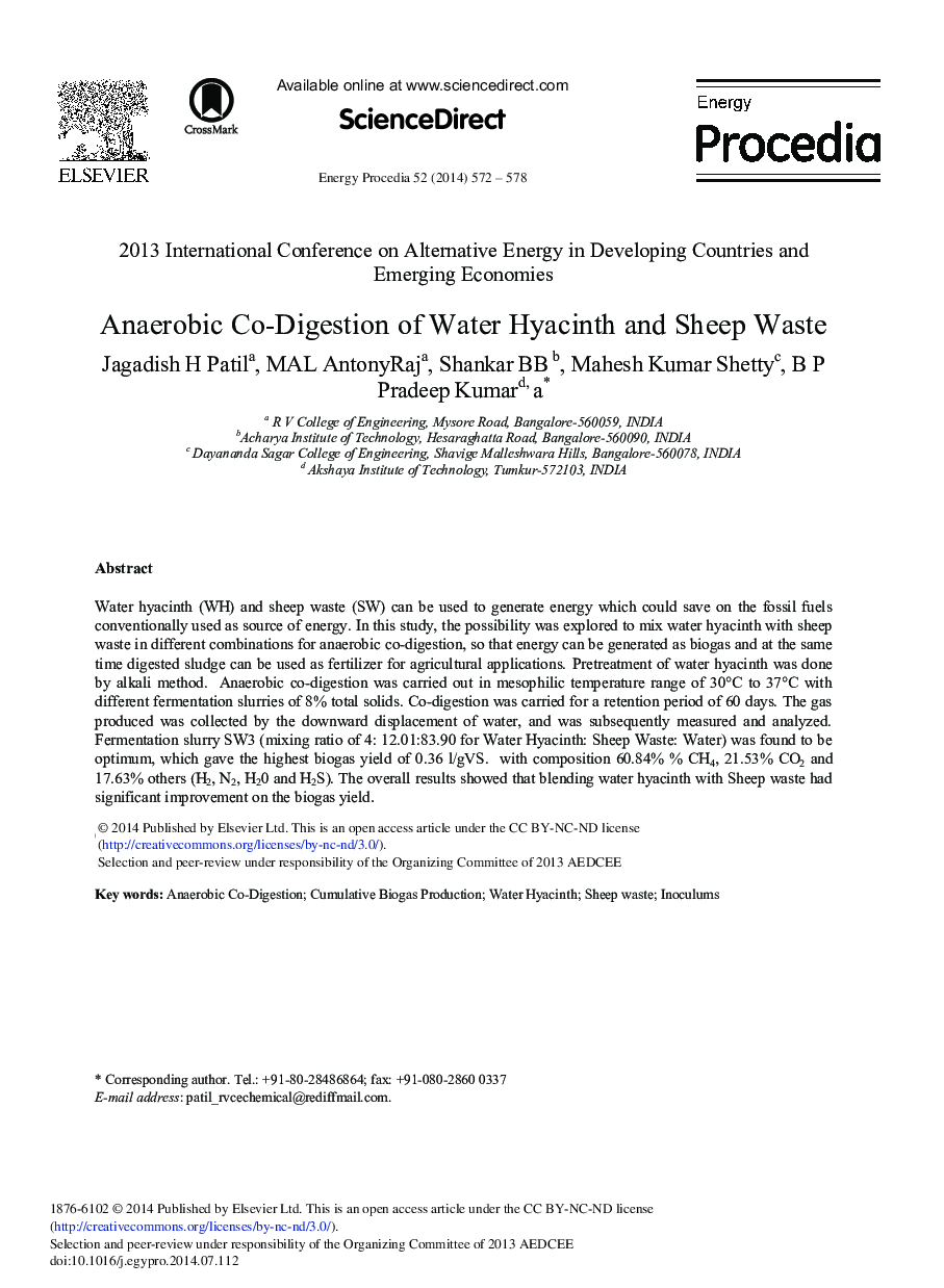 Anaerobic Co-digestion of Water Hyacinth and Sheep Waste 