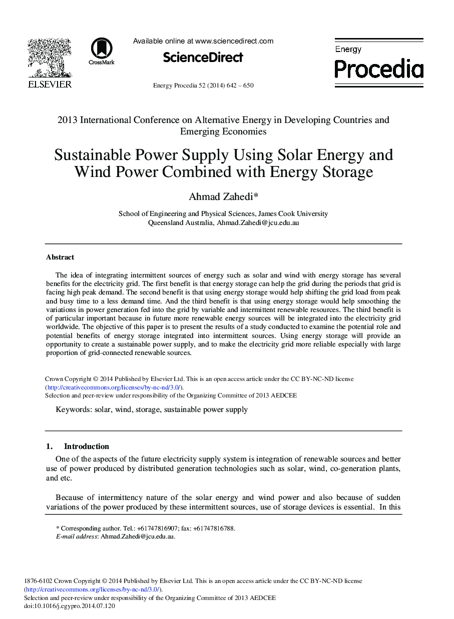 Sustainable Power Supply Using Solar Energy and Wind Power Combined with Energy Storage 