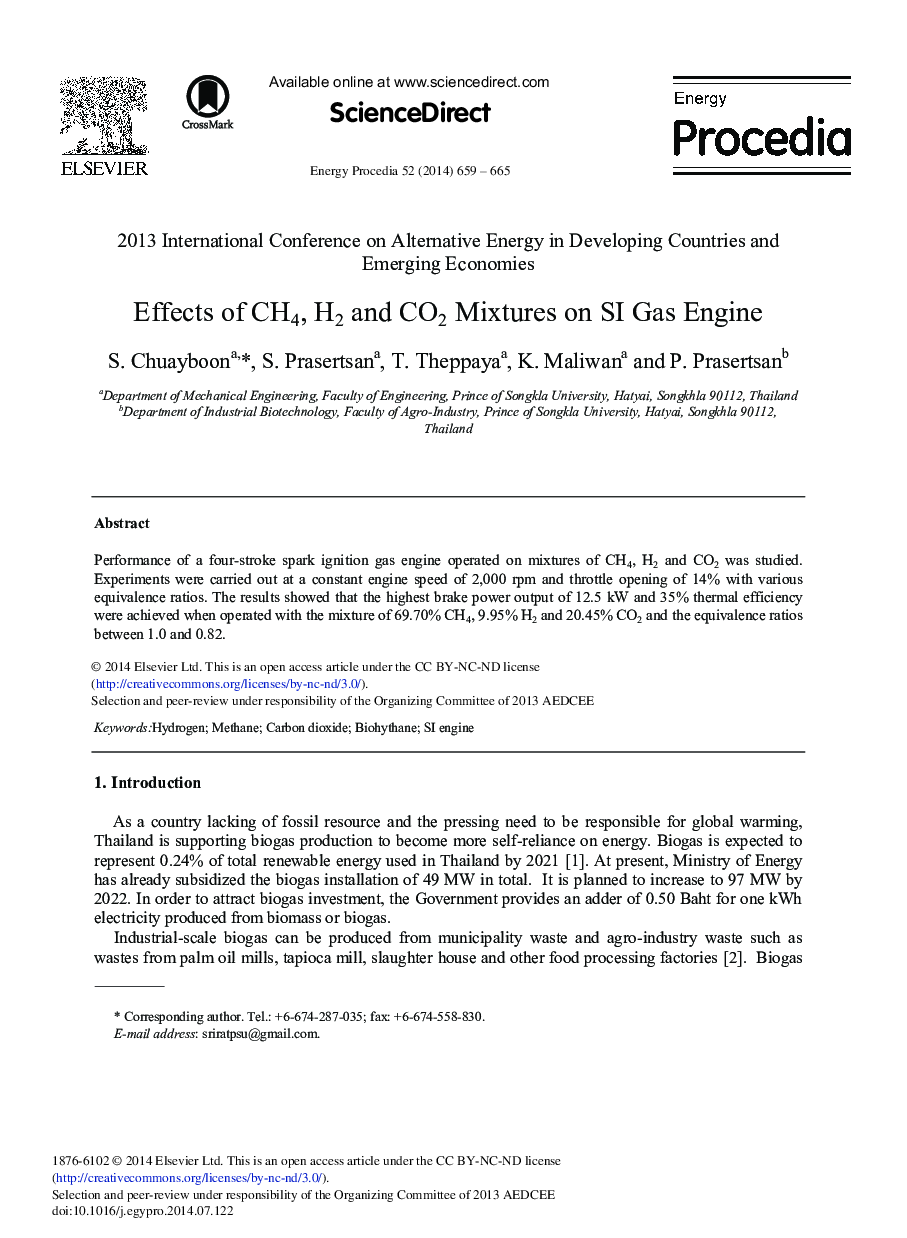 Effects of CH4, H2 and CO2 Mixtures on SI Gas Engine 