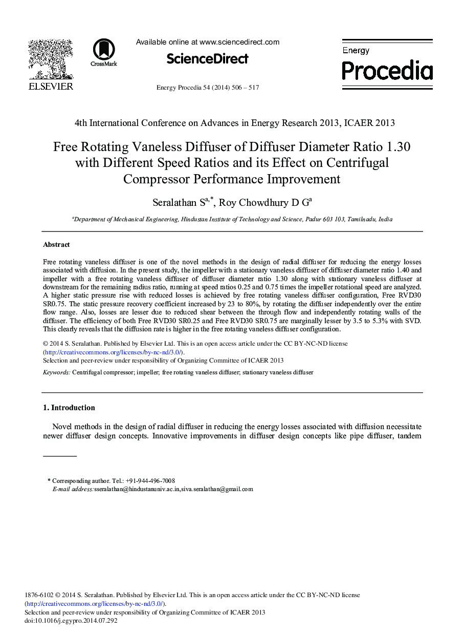 Free Rotating Vaneless Diffuser of Diffuser Diameter Ratio 1.30 with Different Speed Ratios and its Effect on Centrifugal Compressor Performance Improvement
