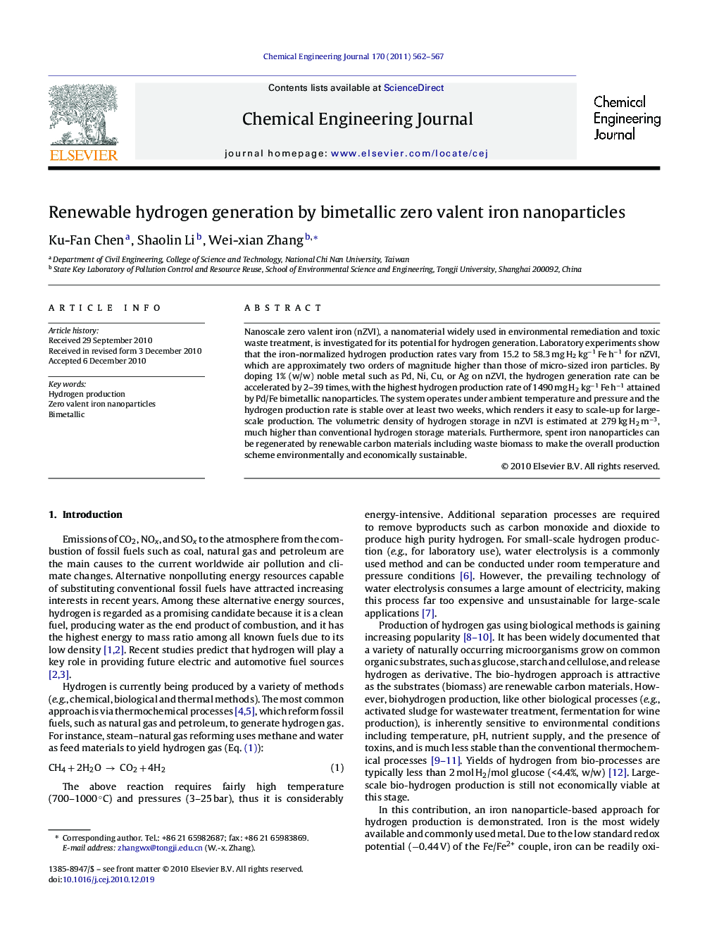 Renewable hydrogen generation by bimetallic zero valent iron nanoparticles