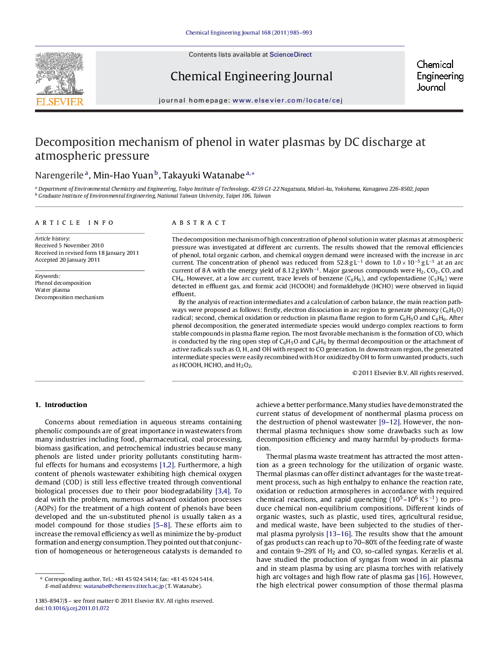 Decomposition mechanism of phenol in water plasmas by DC discharge at atmospheric pressure