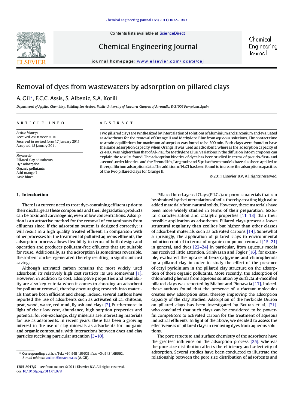 Removal of dyes from wastewaters by adsorption on pillared clays