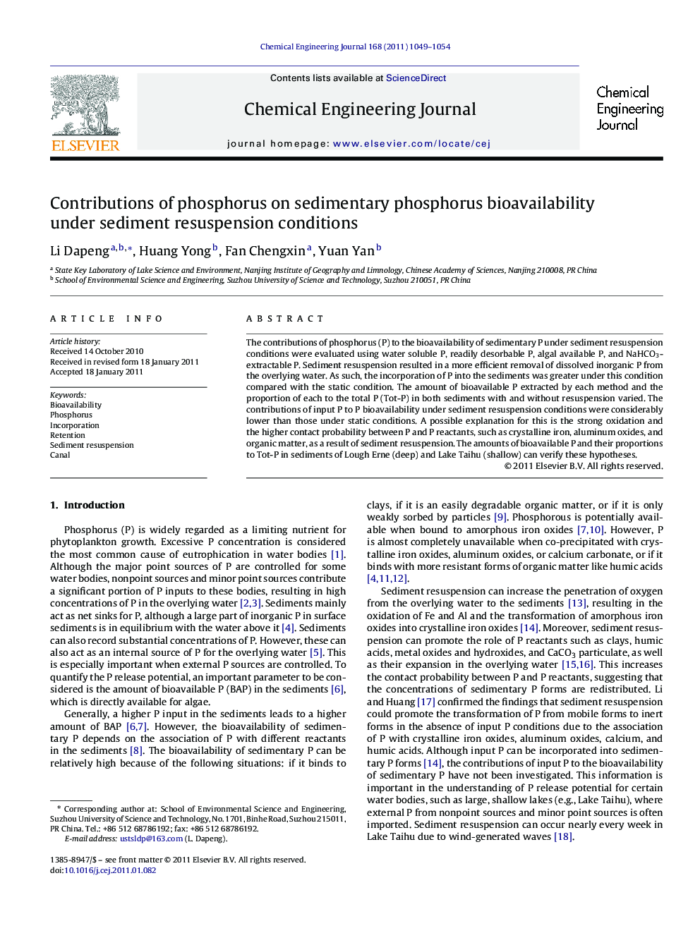 Contributions of phosphorus on sedimentary phosphorus bioavailability under sediment resuspension conditions