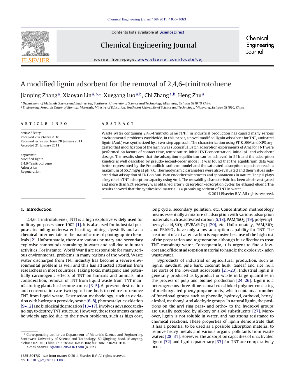 A modified lignin adsorbent for the removal of 2,4,6-trinitrotoluene