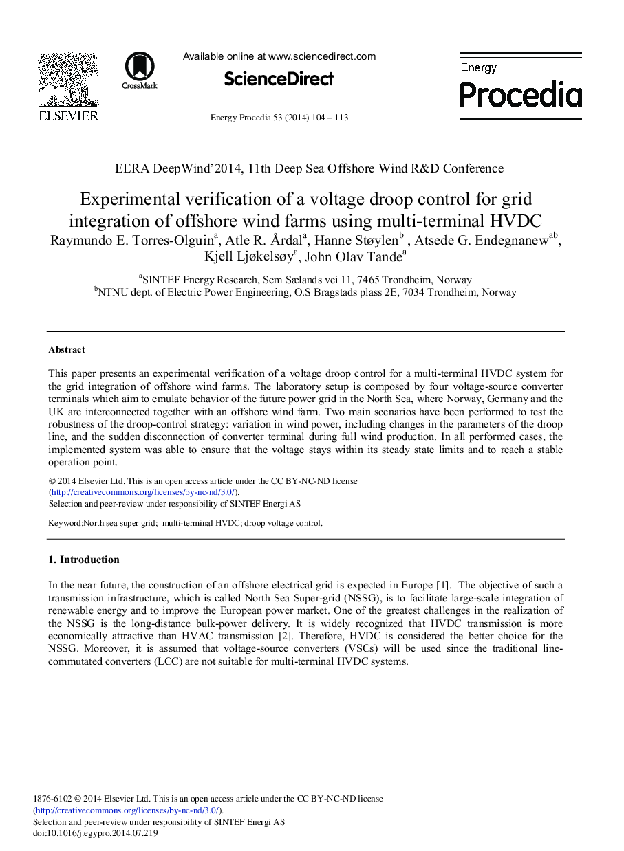 Experimental Verification of a Voltage Droop Control for Grid Integration of Offshore Wind Farms Using Multi-terminal HVDC 