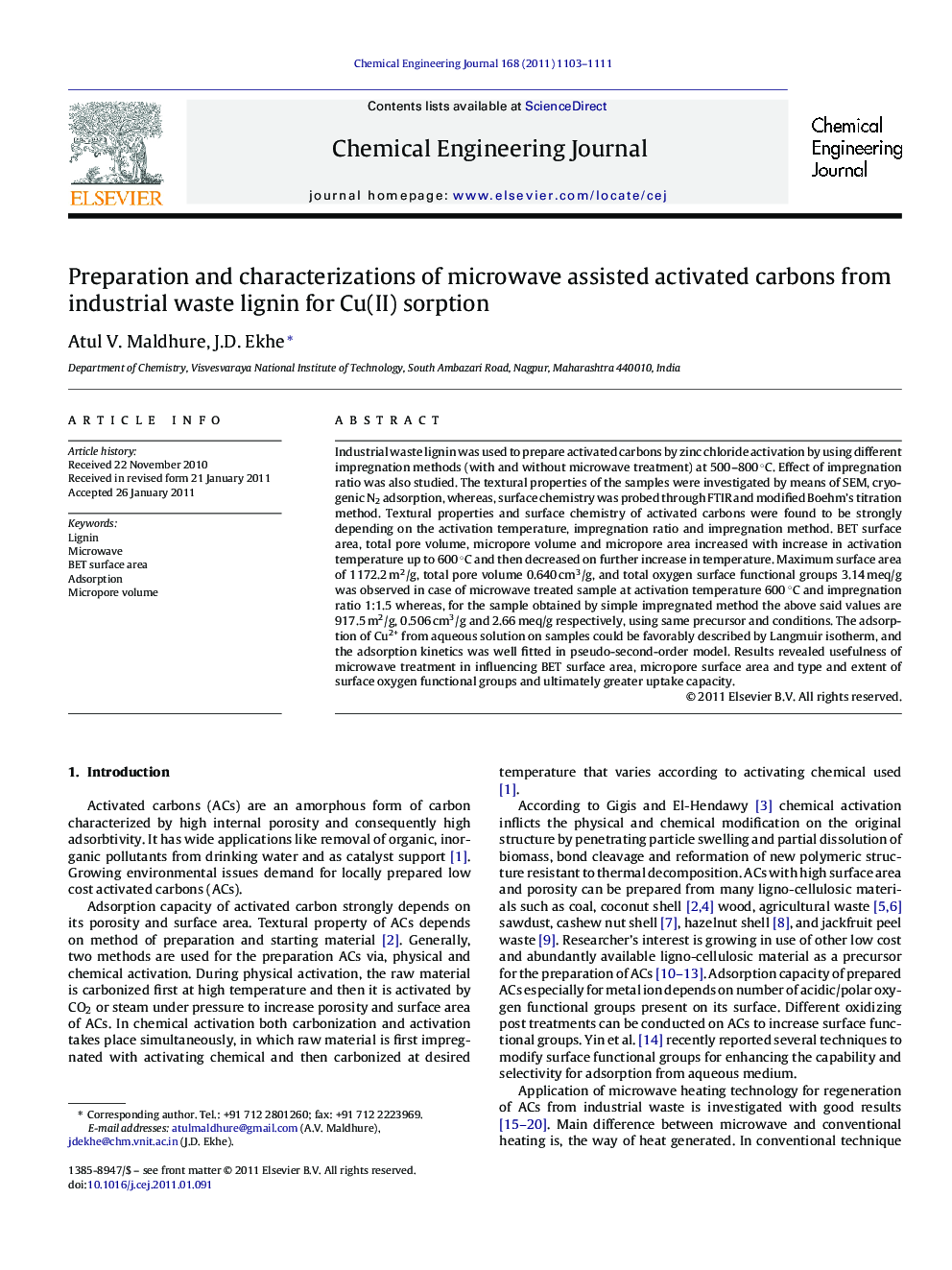 Preparation and characterizations of microwave assisted activated carbons from industrial waste lignin for Cu(II) sorption