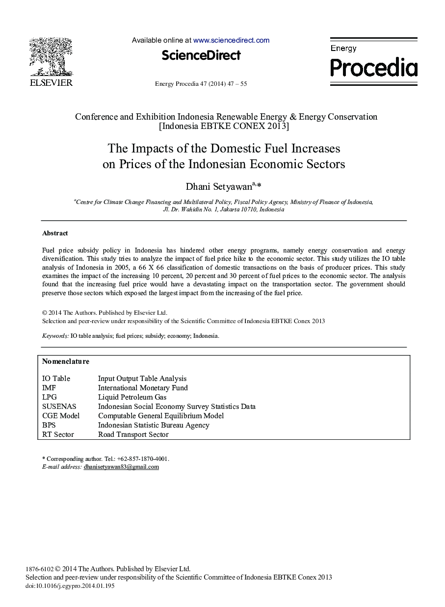 The Impacts of the Domestic Fuel Increases on Prices of the Indonesian Economic Sectors 