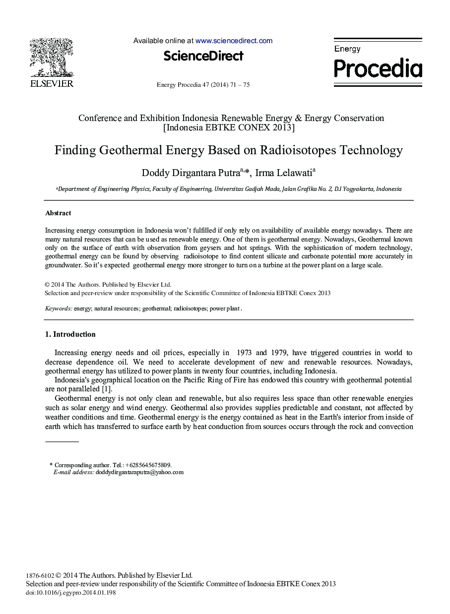 Finding Geothermal Energy based on Radioisotopes Technology 