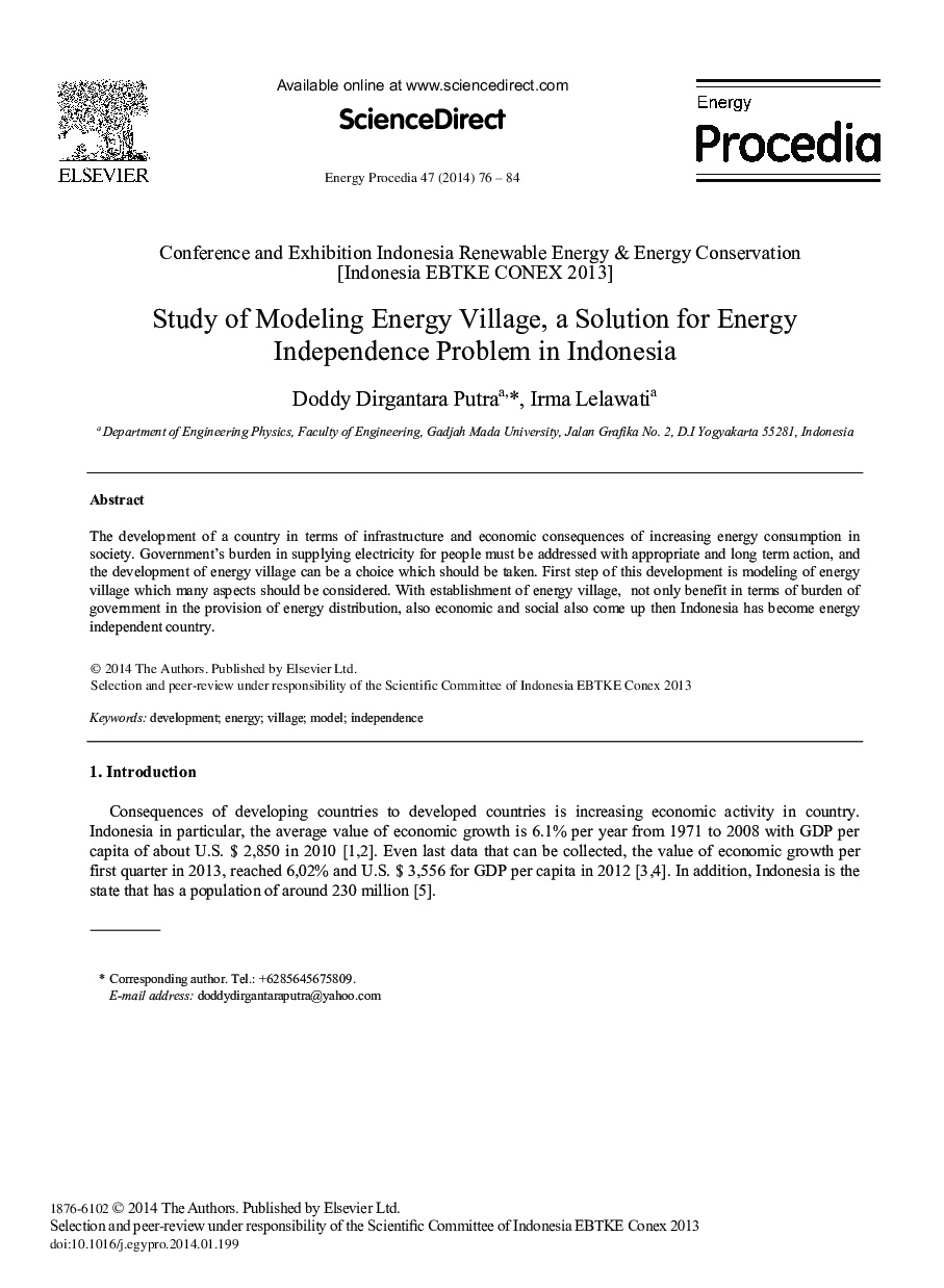 Study of Modeling Energy Village, a Solution for Energy Independence Problem in Indonesia 